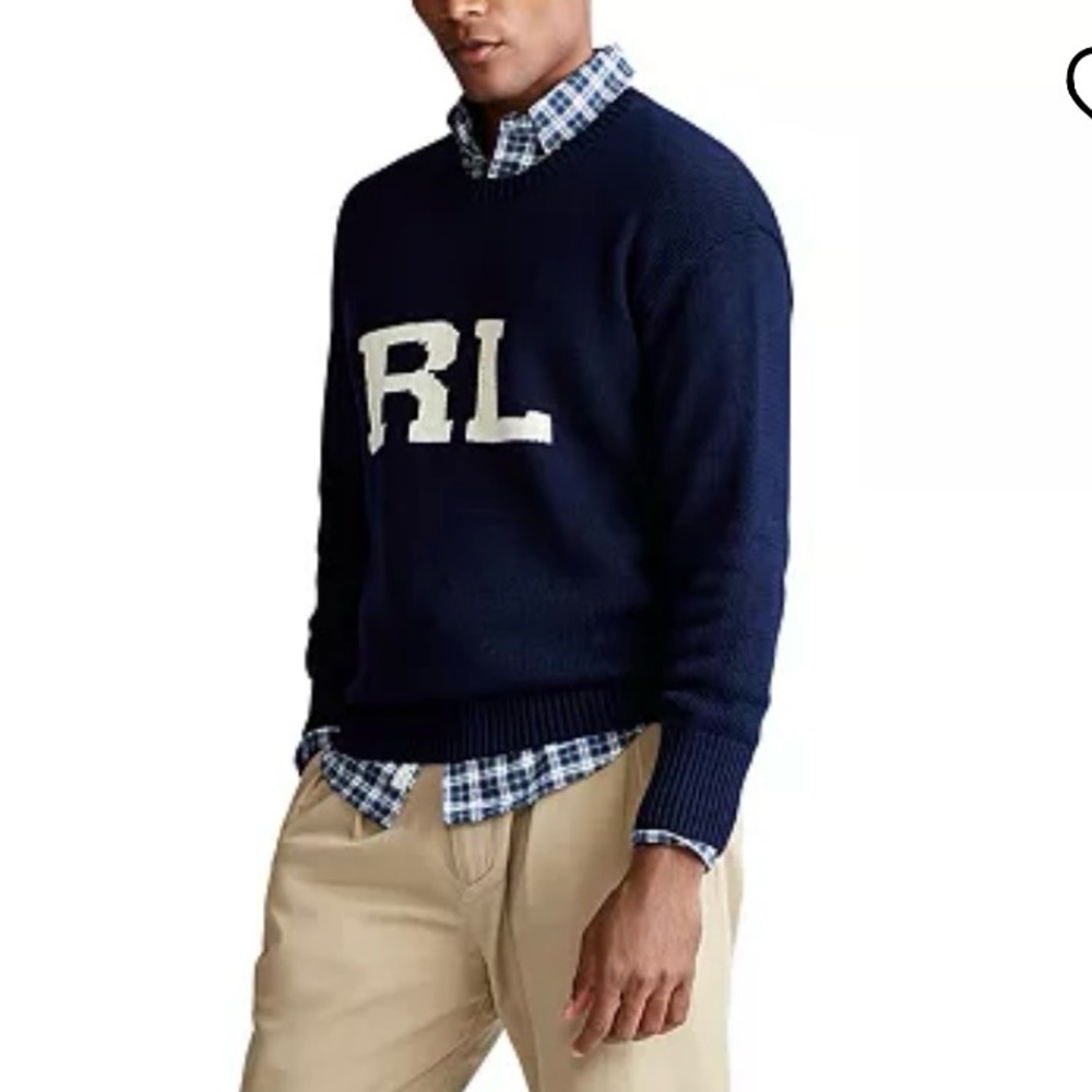 KNIT BLACK RAPLH CREWNECK SWEATER WITH WHITE MONOGRAM “RL” LOGO